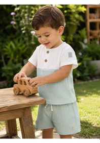 Resim Babyhola Erkek Bebek Müslin Kumaş Şortlu Takım Yazlık Kısa Kollu 2 Li Takım 22455 Mint 