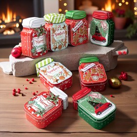 Resim Noel Dekoru - Metal Şeker Kavanozu Stili Süs Kutusu, Kırmızı & Yeşil Altın Detaylı - Ev, Ofis, Parti Kullanımı İçin Uygun - Çoklu Festival Dekorasyonu (Noel, Cadılar Bayramı, Şükran Günü, Yılbaşı) - Güç Gerektirmez - Kolay Temizlenebilir Metal Yüzey - Tazelik Saklama Kabı, Mevsimlik Hediye Kutusu, Dayanıklı Metal Malzeme, Mükemmel Hediye Seçeneği 
