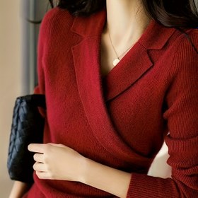 Resim Şık Kadın Slim Fit Kazak - Uzun Kollu, Yaka Yaka, Çapraz Ön Tasarım, Düz Renk, Orta Esneklik, Tüm Mevsim Giyim, Ofis Kıyafeti | Şık Veda | İnşaat, Kazak Elbise 