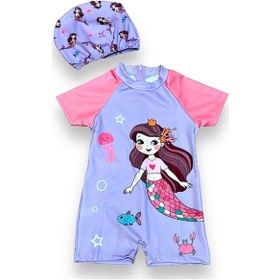 Resim Lolliboomkids Kız Çocuk Deniz Kızı Tema Hassas Ten Fermuarlı Yarım Vücut Çok Renkli Güneş Korumalı Boneli Mayo Takım Mor 