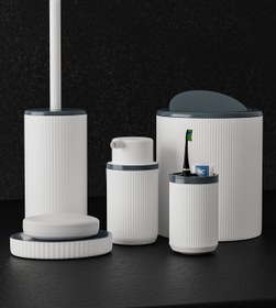 Resim Çavdar Group 5 Parça White & Grey Banyo Seti Çöp Kovası Diş Fırçalık Sabunluk Fırçalık Seti 