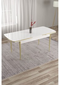 Resim Canisa Tia Serisi 80x132 Açılabilir Mdf Mutfak Masası Takımı Beyaz Masa Gold Detay 6 Lacivert Sandalye Masa Beyaz Sandalye Lacivert 