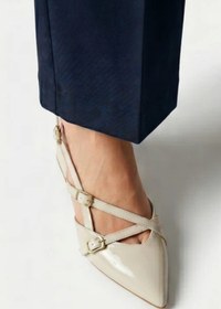 Resim Mary Jane Bej Rugan Çapraz Tokalı Slingback - Sivri Burun Alçak Kare Topuklu Elegant Kadın Ayakkabı 