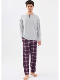 Resim Koza İç Giyim Erkek Pamuklu Uzun Kollu Önü Patlı Ekose Desenli Pijama Takımı Ko60105 Mor 