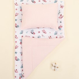 Resim Alt Açma Matı ve Yastık - Çift Taraflı - Pembe Waffle - Kelebekler 