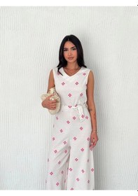 Resim Sırt Dekolteli Keten Beyaz Tulum S1036 Beyaz 