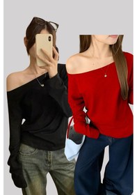 Resim Siyah Kırmızı 2 Li Paket Kadın Düşük Omuz Kayık Yaka Oversize Uzun Kollu T-shirt Kırmızı 