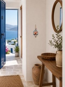 Resim El Yapımı Seramik Asmalık Süs Ev, 12x13 cm, Mavi ve Turuncu Detaylı Dekoratif Duvar Süsü 