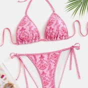 Resim Bayanlar Modası Seksi Halter Boyun Bikini Setleri, Polyester Elastan Örgü Kumaş, Yüksek Esneklik, Kolsuz, Bağcıklı, 200g/m², 100g/m², Yüzme İçin 