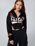 Resim Şardonlu Crop Sweatshirt Kapüşonlu Fermuarlı Nakışlı Asimetrik Kesim 
