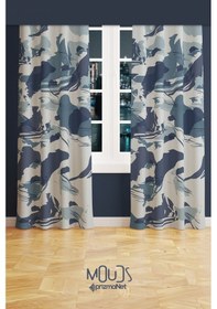 Resim Mavi Kamuflaj Desenli Süet Oturma Odası Salon Fon Perde Baskılı Ekstrafor Büzgü 2 Kanat Prd-1083 Çok Renkli 