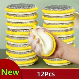 Resim 12 adet çift taraflı bulaşık süngeri - Mutfak eşyaları, tencere, tezgah ve ocaklar için dayanıklı polyester temizleme pedleri - Kalın, yuvarlak, çizik yapmayan leke çıkaran süngerler, temizleme yüzeyi ile bulaşık aksesuarı 