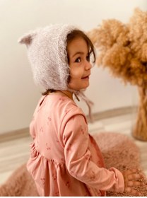 Resim seraskids El Örgüsü Lila Tüylü Kız Bebek Kulaklı Şapka Bere 