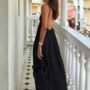 Resim Kadınların Seksi Sırtı Açık Yaz Elbisesi - Düz Renk V Yaka Kolsuz Vücut Sıkı Maxi Elbise Ayarlanabilir İnce Askılar ile, Hafif Nefes Alabilen Kumaş Plaj Tatilleri, Partiler ve Akşam Etkinlikleri için, Plaj Elbiseleri, Parti Kıyafetleri, Şık Siluet, Zarif Tasarım 