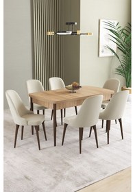 Resim Ikon Meşe Desen 80x132 Mdf Açılabilir Yemek Masası Takımı 6 Adet Sandalye Krem 
