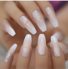 Resim 24'lü Doğal Pembe Beyaz Simli Ombre French Takma Tırnak Lüks Parlak Extra Uzun Balerin Nail Art Set 