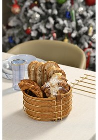 Resim Altın Yuvarlak Ekmek Sepeti Şık,ekmeklik Hardal Hasır Örmeli Makrome-çok Amaçlı Metal Paslanmaz Altın 