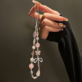 Resim Kadınlar için 1 adet Tatlı ve Havalı Pembe Boncuklu Çiçek Yay Akrilik Cep Telefonu Kılıfı Kolye CCD Kamera Zinciri 