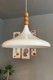 Resim 45 Cm Çaplı Champion Xl Beyaz Ahşap Boncuklu Avize Tekli Sarkıt Lamba Restoran Salon Mutfak Avize Beyaz 