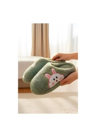 Resim Ft 101 Tavşan Nakışlı Kadın Ev Terliği Peluş Terlik Çeyiz Ve Bohça Terliği Ses Yapmaz Kalın Taban Yeşil 