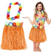 Resim Hawaii Luau Aloha Turuncu Püsküllü 40 cm Etek ve Hawaii Kolye Seti 
