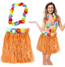 Resim Hawaii Luau Aloha Turuncu Püsküllü 40 cm Etek ve Hawaii Kolye Seti 