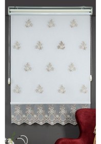 Resim Blind-x Bej Çift Mekanizmalı Kadife Sedef Nakışlı Tül Stor Perde Dayanıklı Alüminyum Kasa 