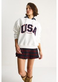 Resim Shade Kadın Usa İşlemeli Şardonlu Kapüşonlu Salaş Sweatshirt 10010 60283527 - Beyaz 