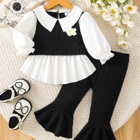 Resim Şık Kızlar için Yaka Detaylı Nakışlı Uzun Kollu Üst ve Geniş Paça Pantolon Takımı, Dış Mekan İçin Mükemmel 