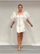 Resim Kız Çocuk Abiye Krem Krep Kumaş Askılı Taş Şerit İşlemeli Kolları Farbalı Çıkabilen Pelerin Detaylı İllüzyon Yaka Abiye Elbise 10-15 Yaş Krem 