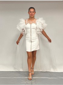 Resim Kız Çocuk Abiye Krem Krep Kumaş Askılı Taş Şerit İşlemeli Kolları Farbalı Çıkabilen Pelerin Detaylı İllüzyon Yaka Abiye Elbise 10-15 Yaş Krem 