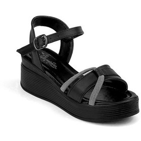 Resim Kadın Siyah Tokalı Taşlı Dolgu Topuklu Sandalet 6 Cm Rahat Yüksek Topuklu Flgs28 Siyah 