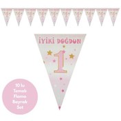 Resim 1 Yaş Pembe Altın Yıldızlı Flama Bayrak Set Süs Tüm Yaşlar 