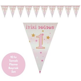 Resim 1 Yaş Pembe Altın Yıldızlı Flama Bayrak Set Süs Tüm Yaşlar 