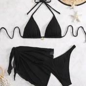 Resim QVR Kadın Seksi 3 Parça Bikini Seti - Ön Kolyeli, Yüksek Bel Bağcıklı Detaylı ve Esnek Alt, Yazlık Şık Plaj Giyimi, Bikini Üstü|Yüksek Bel Bikini|Esnek Kumaş 