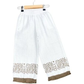 Resim Çikoby Kız Çocuk Baskılı Etnik Desenli Müslin Bol Paça Pantolon-15687 Ekru 