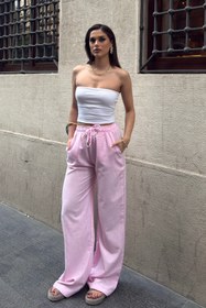 Resim BEJNA Kadın Pembe Keten Bol Kesim Palazzo Pantolon 