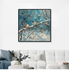 Resim Yağlı Boya Dokulu Tablo Karlı Havada Dalda Kuşlar Siyah Çerçeveli U04022-178936 