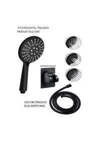 Resim Siyah 3 Fonksiyonlu Örgülü Hortumlu Yapışkan Mafsallı Duş Seti - 409b3y Siyah 
