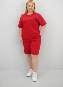 Resim Kadın Büyük Beden Kısa Kollu Cep Detaylı Şort Takım 8209-25 - XXL / Şeker Pembe 