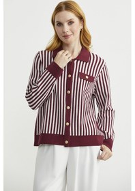 Resim Çizgi Detaylı Yakalı Triko Ceket - Bordo Bordo 