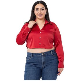 Resim Büyük Beden Saten Manşetli Kırmızı Crop Gömlek-kırmızı Kırmızı 