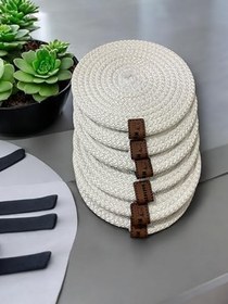 Resim Örgü Dokuma Yuvarlak Bardak Altlığı Seti, Beyaz, Kahverengi Deri Etiketli, 6 Adet 