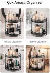 Resim 2 Katlı Makyaj Organizer - Metal Kozmetik Düzenleyici Stand | Banyo ve Makyaj Masası İçin Çok Amaçlı Organizer Raf | Takı, Parfüm ve Cilt Bakım Ürünleri İçin Siyah Organizer 