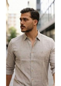Resim Erkek Uzun Kollu Keten Gömlek Bej 
