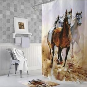 Resim Banyo Paspas Ve Tek Kanat Duş Perdesi 1x180x200 Set Banyo Halısı Horses 