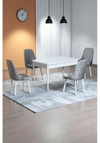 Resim Monera Beyaz 80 X 132 Açılabilen Sunta Masa Metal Ayaklı Mutfak Masası Takımı 4 Gri Sandalye Gri 