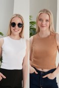Resim Kadın Beyaz Kum Halter Yaka 2'li Crop Bluz 