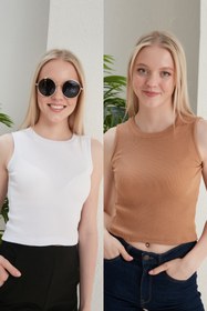 Resim Kadın Beyaz Kum Halter Yaka 2'li Crop Bluz 