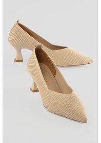 Resim Kadın Triko Stiletto Sivri Burun Topuklu Ayakkabı Astrev Bej Bej 